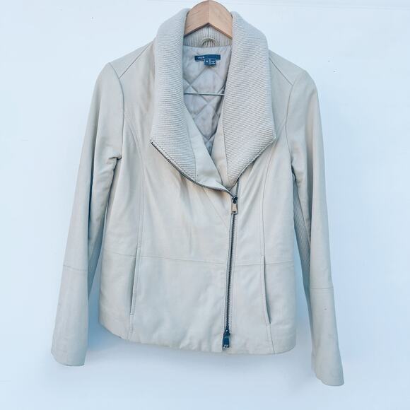Vince Leather Ribbed Collar Scuba Asymmetrical Moto Biker Jacket Cream Medium - Picture 1 of 10